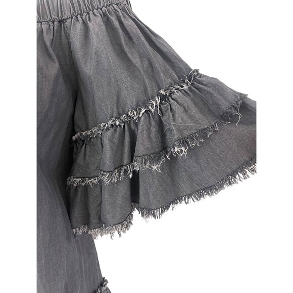 Elan Grey Chambray Frayed Tiered Off Shoulder Tunic Dress Size M Summer Vacation - Picture 2 of 5